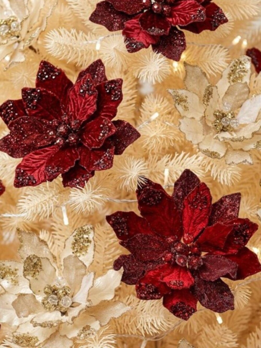 20" X 10" Heavy Jeweled Poinsettia Stem Ivory Gold or Red Christmas Flower